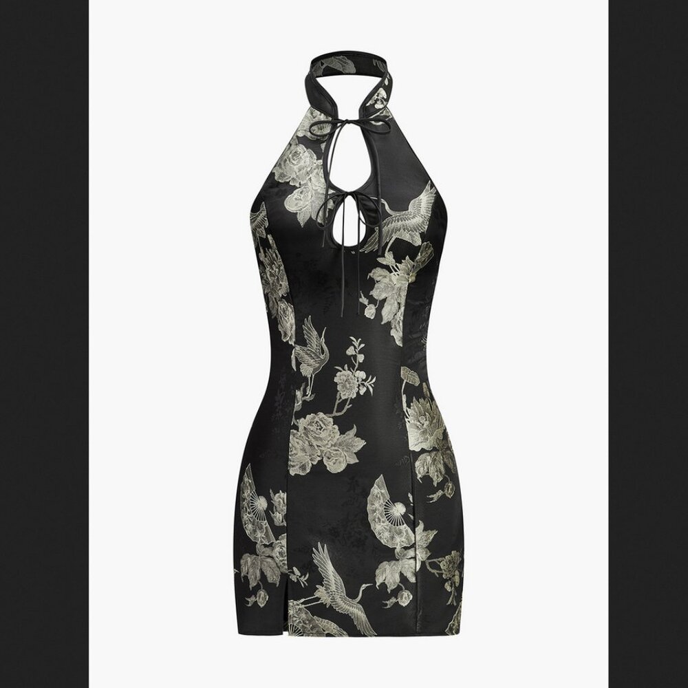 Commense Large Black White Floral Print Keyhole Halter Neck Mini Dress N…